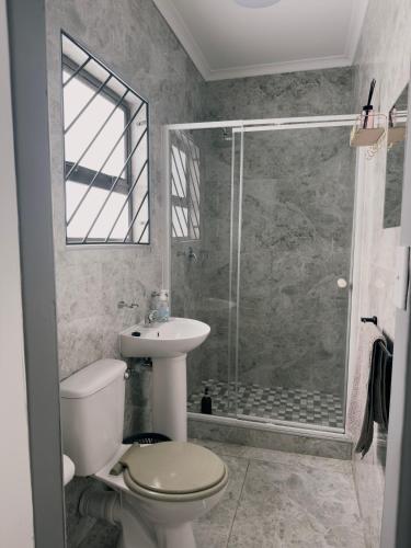 a bathroom with a shower and a toilet and a sink at Immari stays in Swakopmund