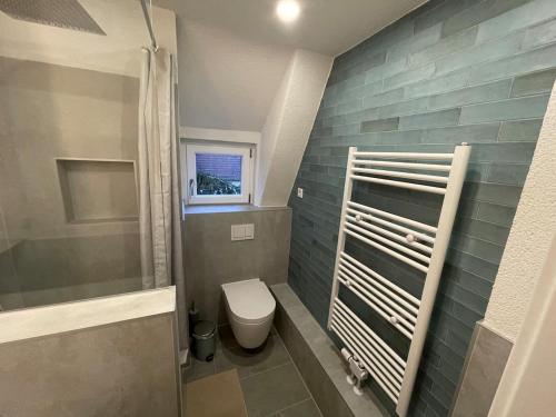 a bathroom with a toilet and a shower at Giebelglück - 3 Zimmer, direkt an der UniKlinik, 2 Schlafzimmer, 4 Gäste, WLAN in Würzburg