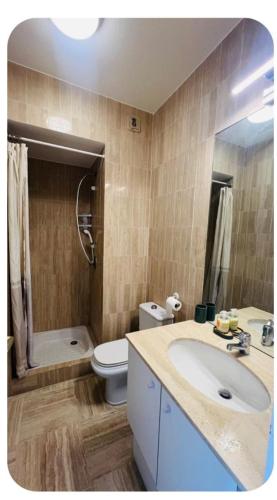a bathroom with a sink and a toilet and a shower at Casa Monica Nizza VILLENEUVE-LOUBET in La Celle-sous-Gouzon