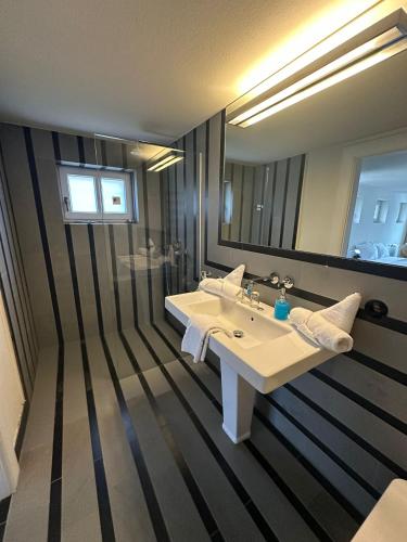 a bathroom with a white sink and a mirror at Landhaus am Jungfernsee in Potsdam