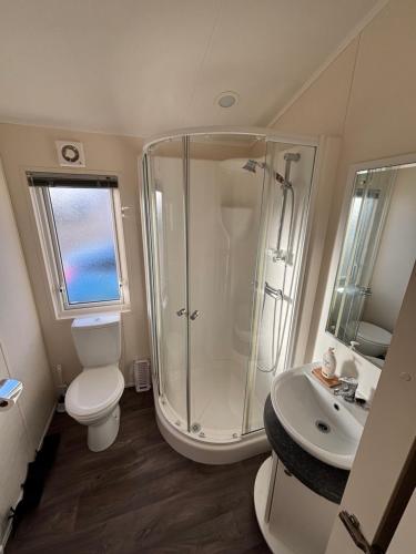 a bathroom with a shower and a toilet and a sink at Seaview Holiday Rentals - Pebble Beach in Whitstable