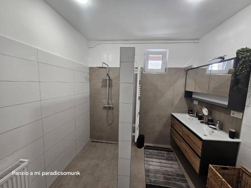 a bathroom with a shower and a sink at vendégház A Mi Paradicsomunk in Palotabozsok