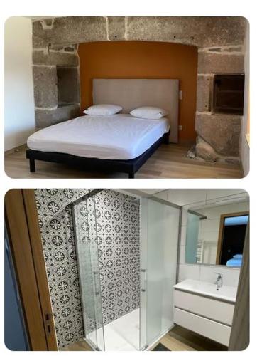 two pictures of a bedroom with a bed and a bathroom at Le Ché d'Aubrac in Nasbinals