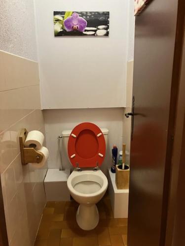 a small bathroom with a toilet with a red lid at Appartement les Carroz d'Arraches in Les Carroz d'Araches