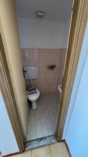 a small bathroom with a toilet in a room at Faros Rooms Armenistis in Armenistis