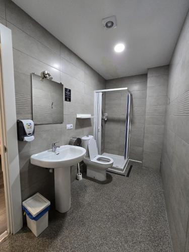 a bathroom with a toilet and a sink and a shower at Hostel Catedral Burgos in Burgos