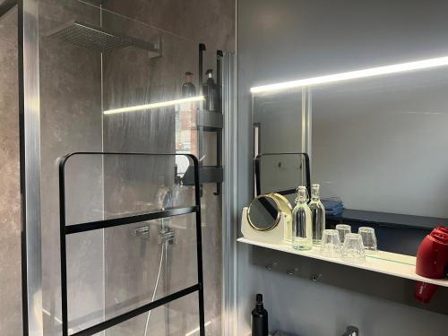 ein Badezimmer mit Dusche, Ablage und Spiegel in der Unterkunft Cozy Boutique hotel-Guesthouse Leuven -self check in in Löwen