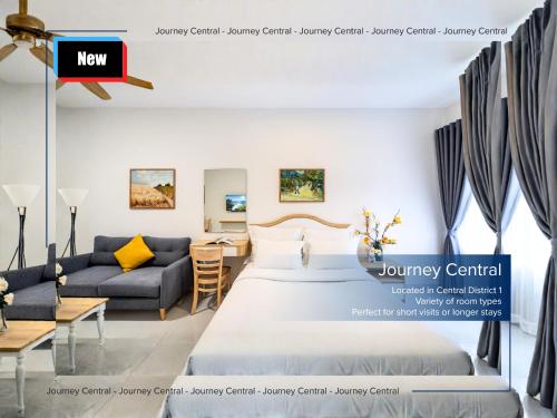 a bedroom with a bed and a living room at Journey Central - Ho Chi Minh City - SOHO RESIDENCE in Ho Chi Minh City