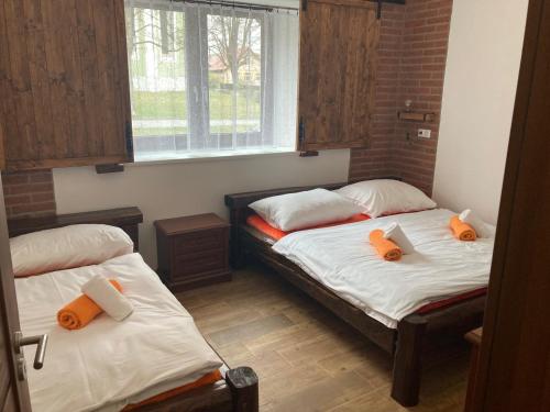 two twin beds in a room with a window at Apartmány 13 Přízemí 2 in Seč