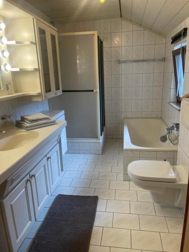 a bathroom with a sink and a toilet and a refrigerator at Gästeapartment in ruhiger Lage in Rainau