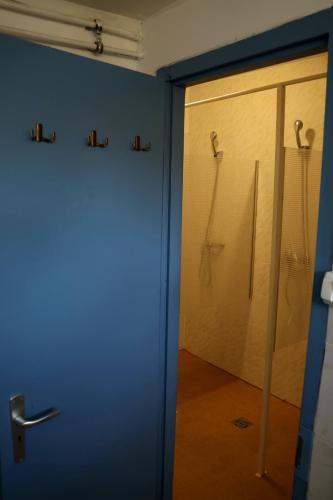 a bathroom with a shower and a glass door at DrótSzarvas Üdülőház in Bogács