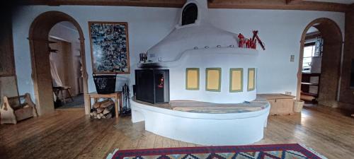 a living room with a stove in the middle of a room at Haus Ollie in Matrei in Osttirol