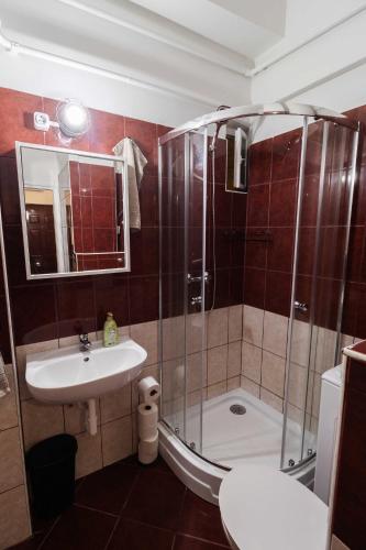a bathroom with a shower and a sink at LénApartman - Holiday in Pécs