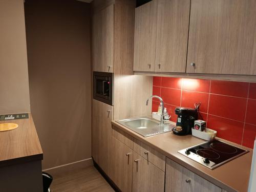 a kitchen with a sink and a counter top at Studio au-dessus de l'Orne in Caen