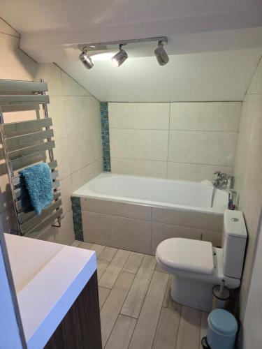 a bathroom with a white tub and a toilet at Orebank Cottage in Millom