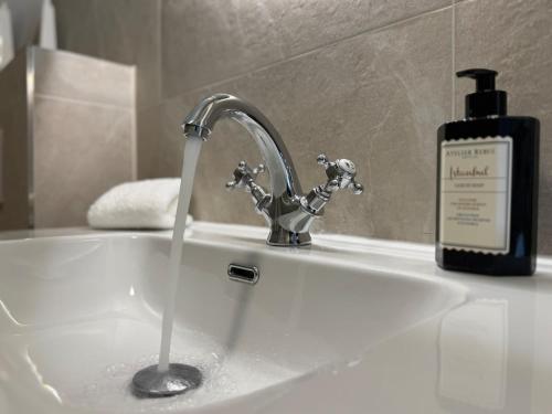 a sink with a faucet and a bottle of soap at Residentie Eys Anno 1929 in Eys