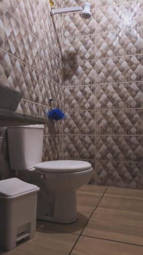 a bathroom with a toilet and a tiled wall at Área de Lazer BR 267 in Bataguaçu