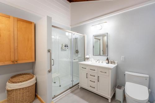 a bathroom with a shower and a sink and a toilet at Green Tree Cottage in Mendocino
