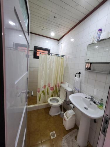 a bathroom with a toilet and a sink and a shower at Casa Rincón Del Viajero in Eldorado