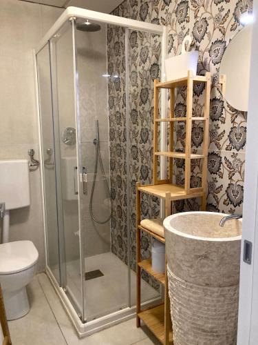 a bathroom with a shower and a toilet and a sink at Casa Dante in Gradisca dʼIsonzo
