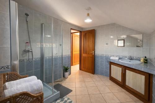 a bathroom with a shower and a sink at La caza papangues in Sainte-Suzanne