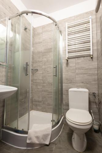a bathroom with a shower with a toilet and a sink at Hotel Anka in Słubice