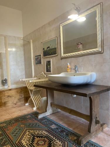 a bathroom with a sink and a mirror on a table at Relais Le Folaghe in Ladispoli