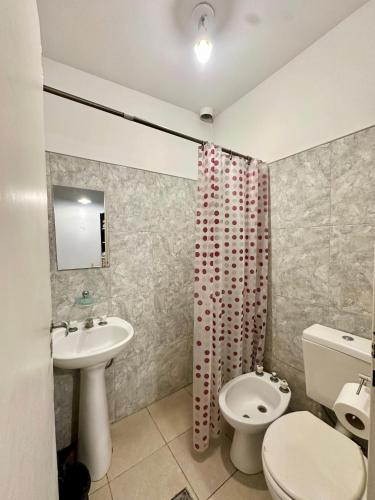 a bathroom with a sink and a toilet and a shower curtain at Hotel Estrella Andina in San Juan