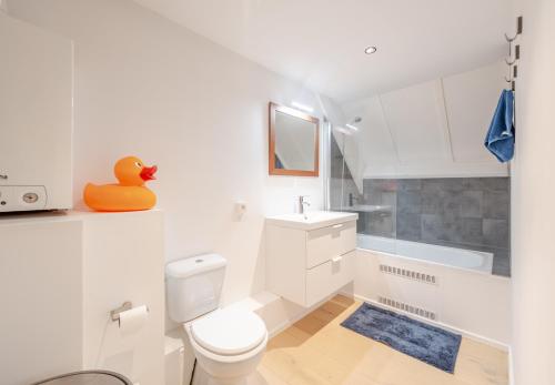 a white bathroom with a toilet and a sink at Aalduiker 7 in Nieuwpoort
