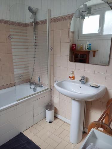 a bathroom with a sink and a shower and a mirror at maison entière in Fécamp