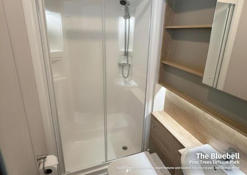 a bathroom with a shower with a toilet and a sink at Pine Trees Leisure Park in Skegness