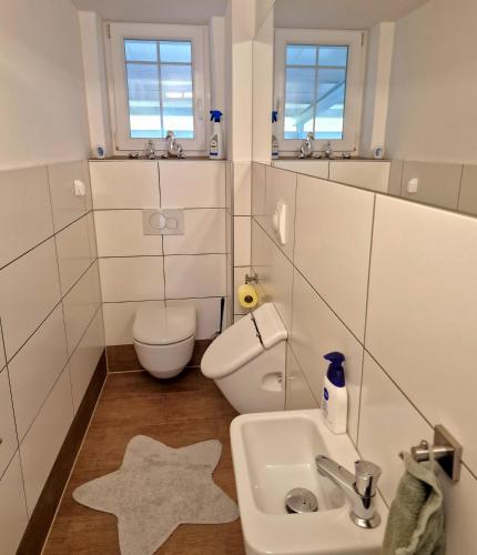 a small bathroom with a sink and a toilet at Ferienwohnung Claudia Alt-Ossiach in Altossiach