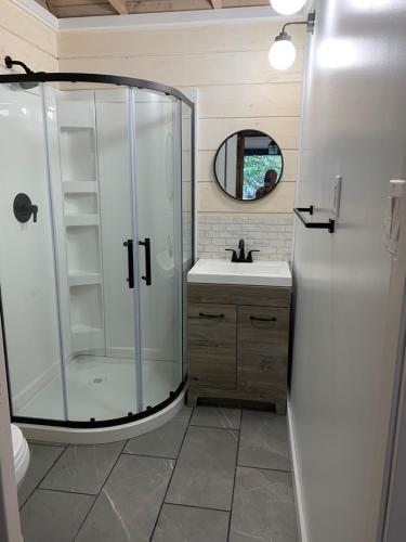 ein Badezimmer mit Dusche und Waschbecken in der Unterkunft Mayne Cottage in Mayne Island