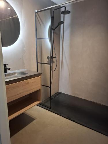 a glass shower in a bathroom with a sink at BonAparte in Hank