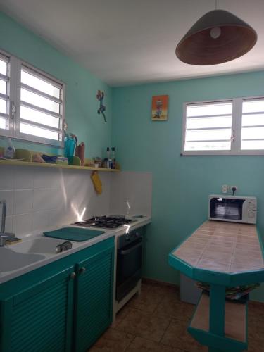 a kitchen with blue walls and a sink and a stove at Appartement spacieux étage maison avec jardin à Ste Anne in Sainte-Anne