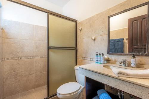 a bathroom with a toilet and a sink and a mirror at Garza 912 in Carpintero