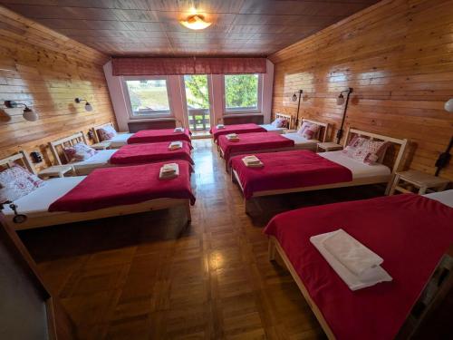 a room with four beds in a wooden room at Gorski biser in Mojstrana