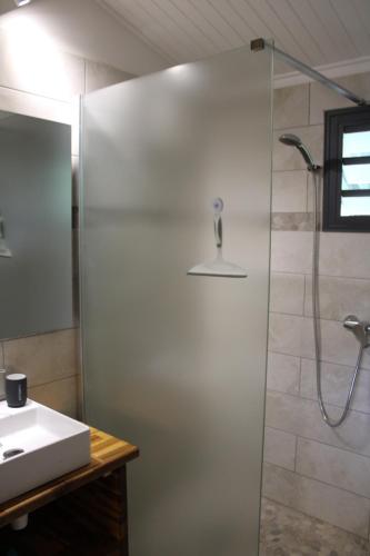 a shower with a glass door in a bathroom at Kaz Manga Rose in Deshaies