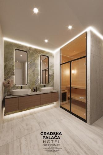 a bathroom with two sinks and two mirrors at Gradska Palača - BOSANA Hotel & Spa in Bihać