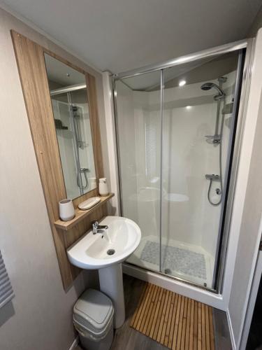 a bathroom with a shower and a sink and a toilet at Tayock Park in Montrose