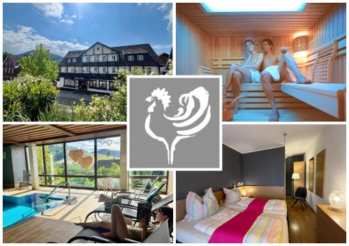a collage of pictures of a hotel with a room at Goldener Hahn Ferienwohnungen Pool, Sauna & Frühstücksservice in Baiersbronn