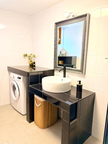 a bathroom with a sink and a washing machine at Stylish holiday home Lorena in Sveti Juraj