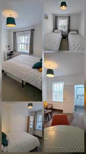 four different views of a bedroom with two beds and a table at Fantastic 3-Bedroom House in Crawley - 10 mins from Gatwick in Crawley
