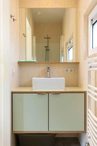 a bathroom with a sink and a mirror at De Lepelaar - Ecohuisjes Terschelling in Midsland