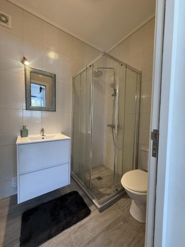 a bathroom with a shower and a sink and a toilet at Harmony Deluxe Accommodation in Água de Pau