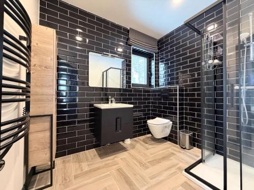 a bathroom with black tiled walls and a toilet at Gudelių Kempingas Camp in Gudeliai