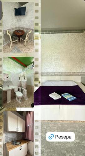 a collage of four pictures of a room with a bathroom at Nlife hotel in Kapchagay