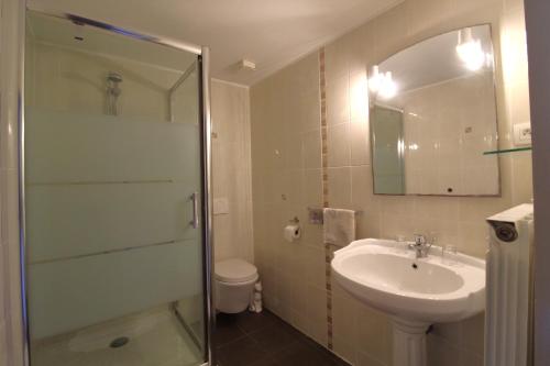a bathroom with a shower and a sink and a toilet at Chambre n4 Maison dHôtes de Charme in Maizières