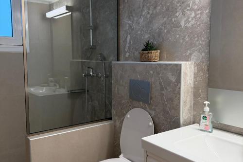 a bathroom with a shower and a toilet and a sink at Villa Lonaki in Haraki