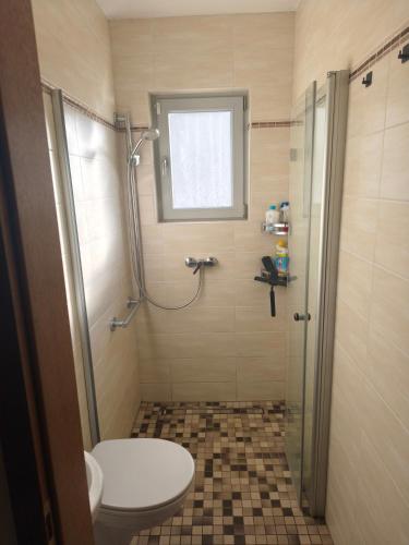 a bathroom with a shower with a toilet and a sink at Google Smart Home Unterkunft - 1 in Kenn